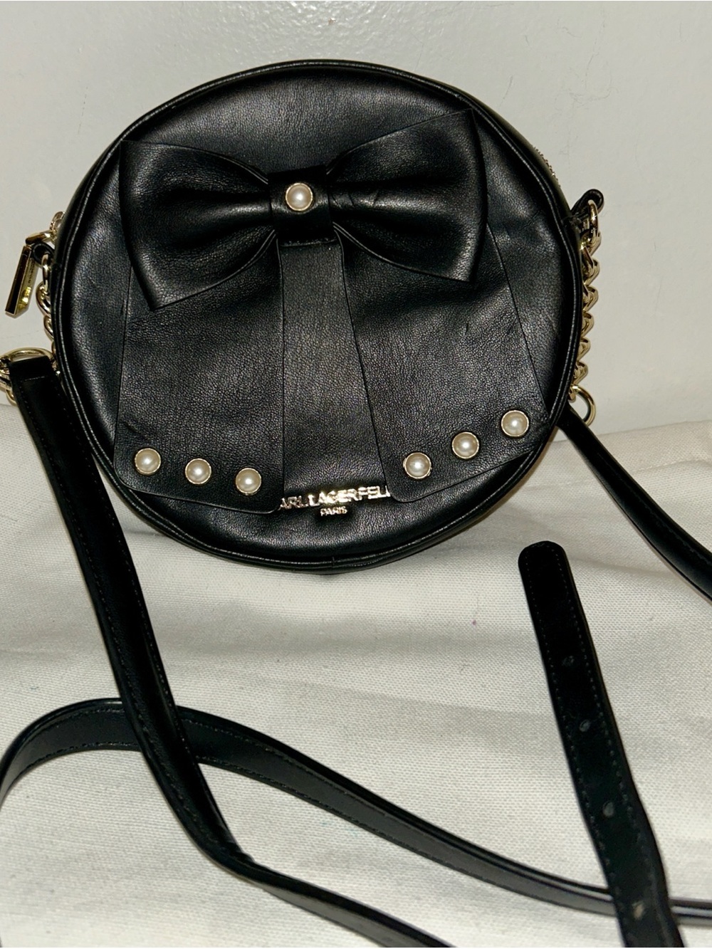 Karl Lagerfeld Black Round Crossbody with Pearl Bow. Made in Paris